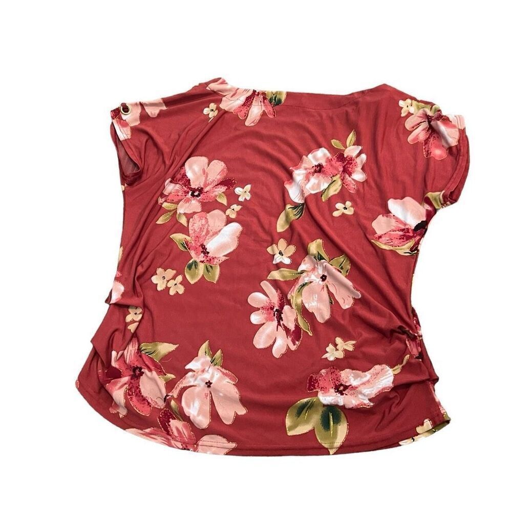JON & ANNA Red Floral Print Short Sleeve Blouse Size L - Picture 2 of 8